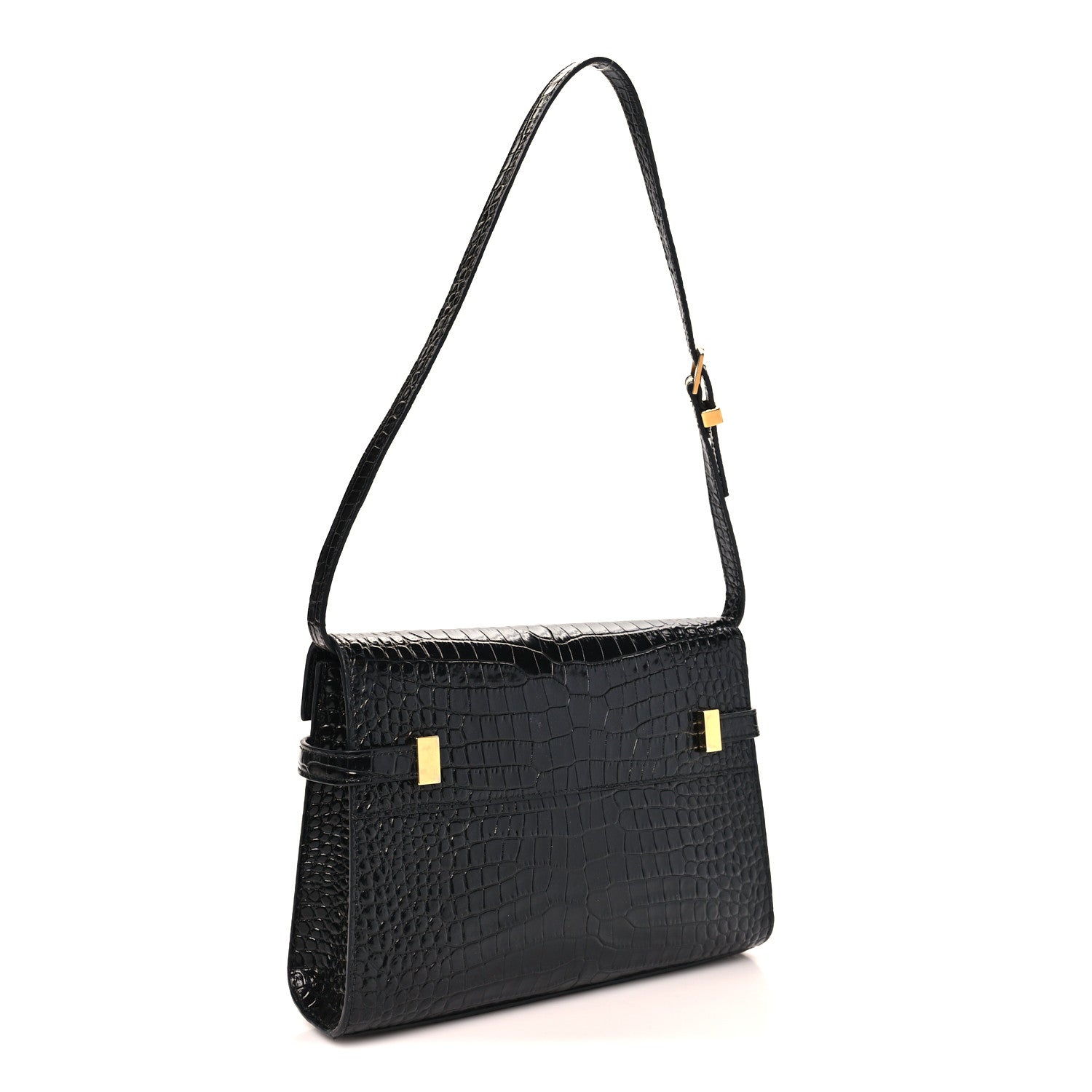 Saint Laurent Shiny Calfskin Crocodile Embossed Small Manhattan Baguette Black 2 of 9