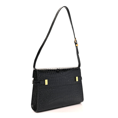 Saint Laurent Shiny Calfskin Crocodile Embossed Small Manhattan Baguette Black 2 of 9