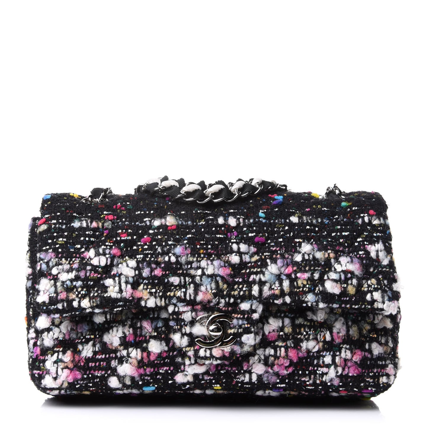 Tweed Quilted Medium Double Flap Black White Yellow Pink
