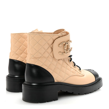 Chanel Lambskin Calfskin Quilted Lace Up Combat Boots 41 Beige Black 5 of 9