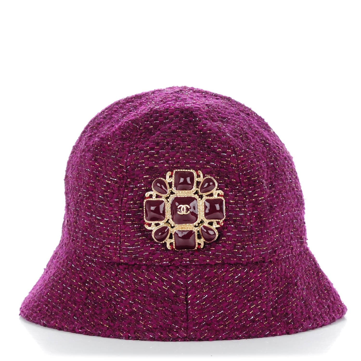 Chanel Wool Tweed Gripoix Bucket Hat 57 Burgundy 1 of 6