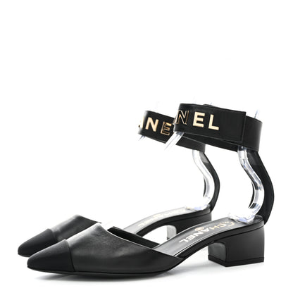 Chanel Lambskin Grosgrain Cap Toe Logo Ankle Strap Pumps 37 Black 3 of 9