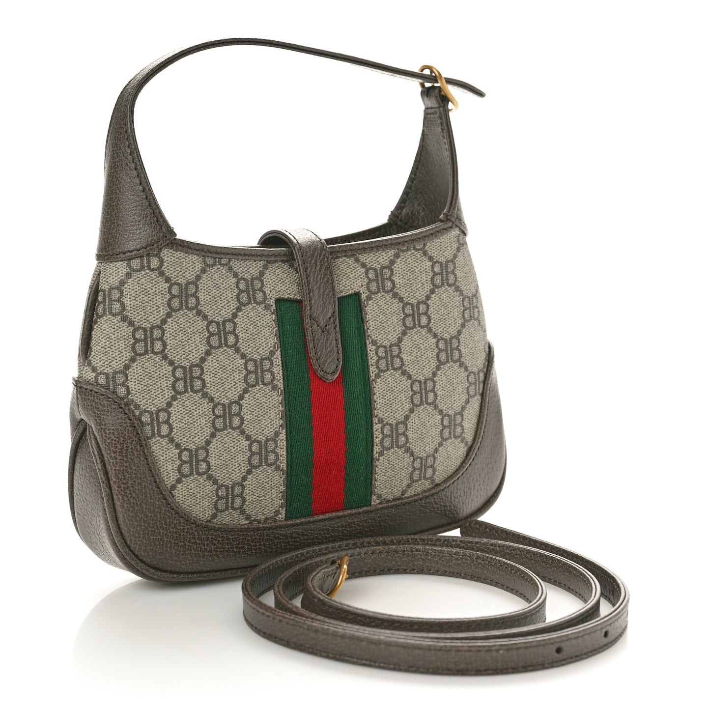 X BALENCIAGA BB Supreme Monogram Calfskin Web Mini Jackie 1961 Hobo Beige Ebony