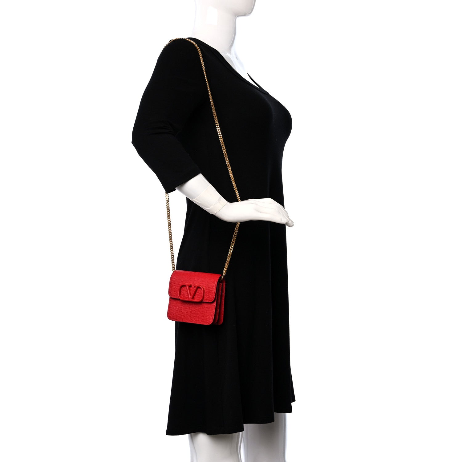 Valentino Garavani Grainy Calfskin VLogo Compact Wallet with Chain Rouge Pur 3 of 8