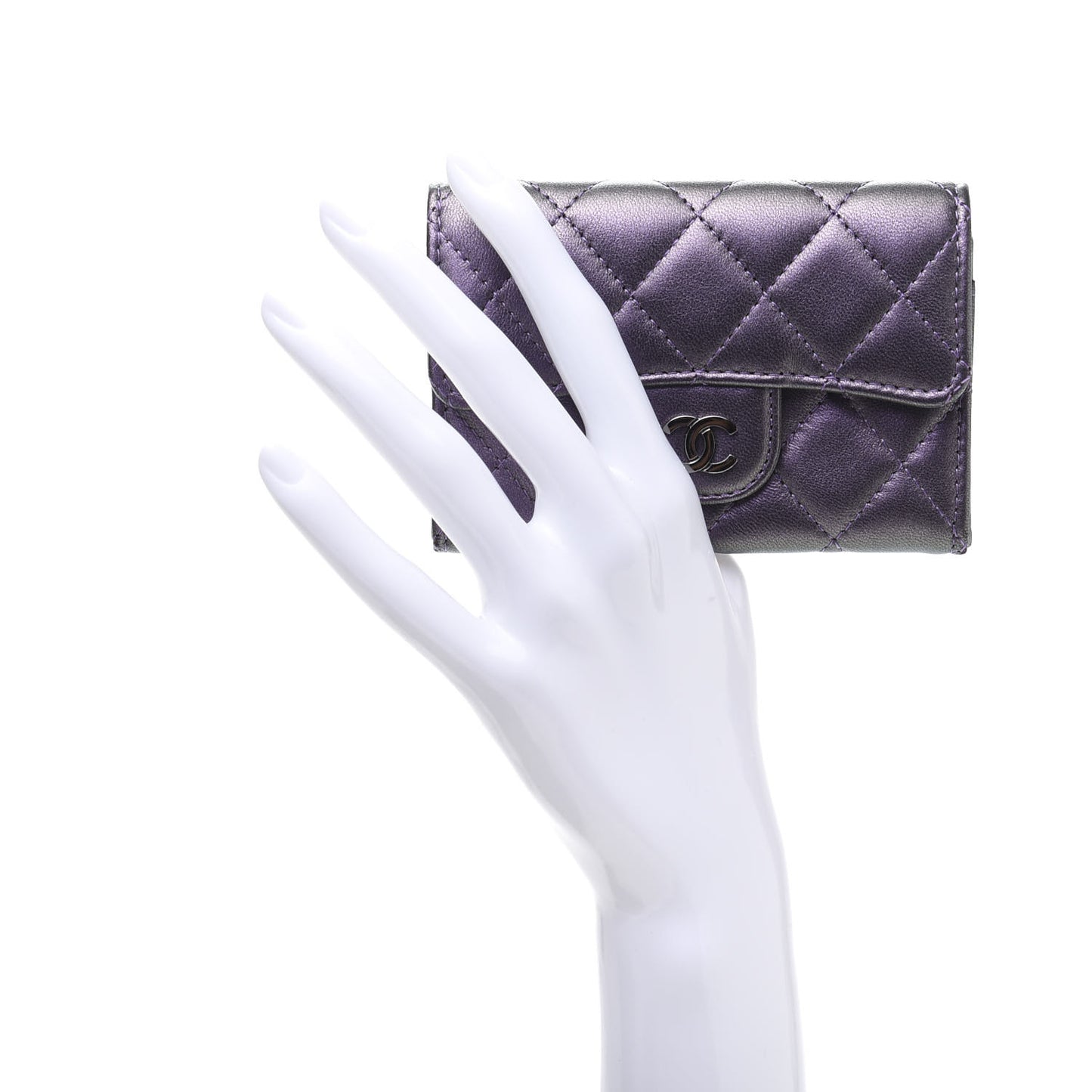 Iridescent Lambskin Quilted Flap Card Holder Purple