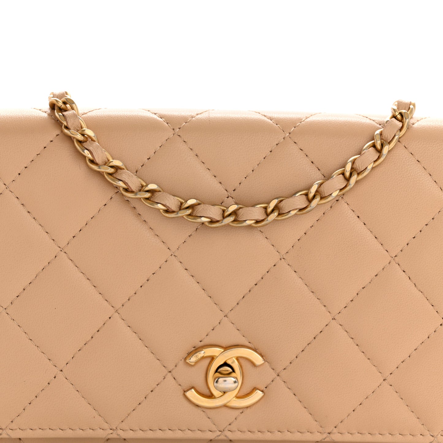 Lambskin Quilted CC Pearl Crush Wallet on Chain WOC Light Beige