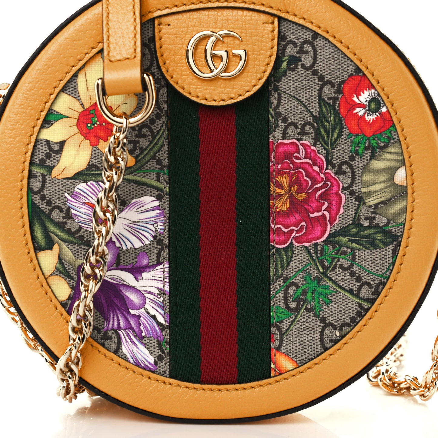 GG Supreme Monogram Flora Web Mini Ophidia Round Shoulder Bag Beige Multicolor Crop