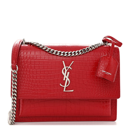 Saint Laurent Calfskin Crocodile Embossed Medium Monogram Sunset Rouge Eros 1 of 10