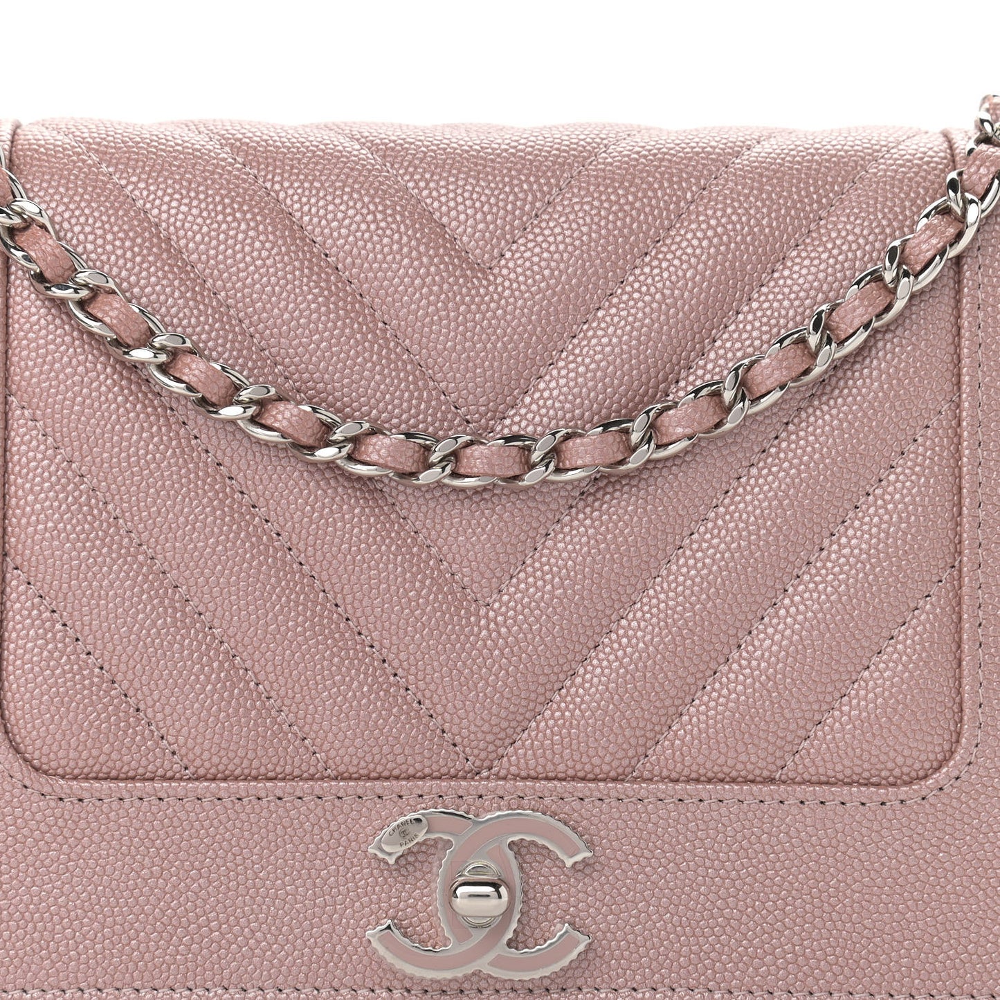 Metallic Caviar Chevron Quilted Vintage Mademoiselle Wallet On Chain WOC Pink