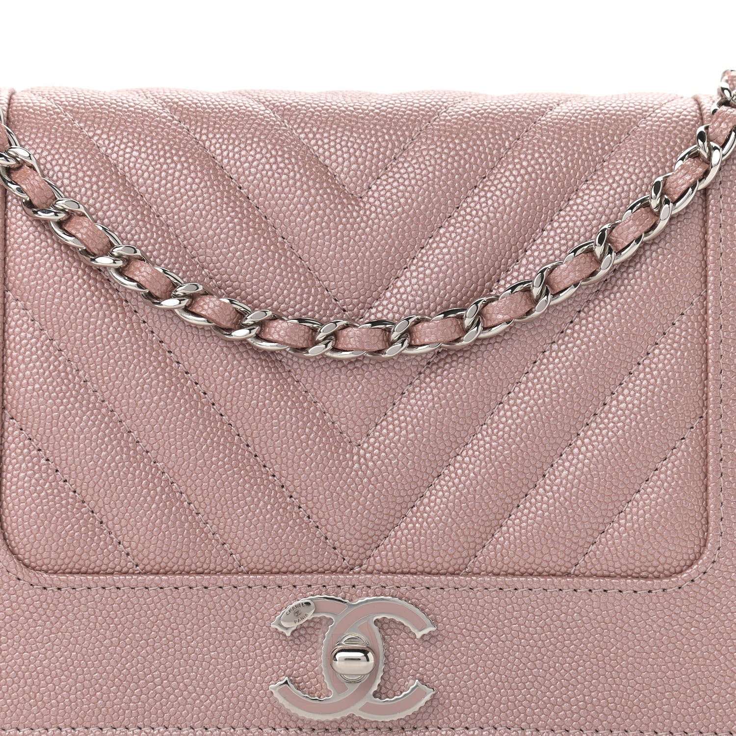 Chanel Metallic Caviar Chevron Quilted Vintage Mademoiselle Wallet On Chain WOC Pink 9 of 12