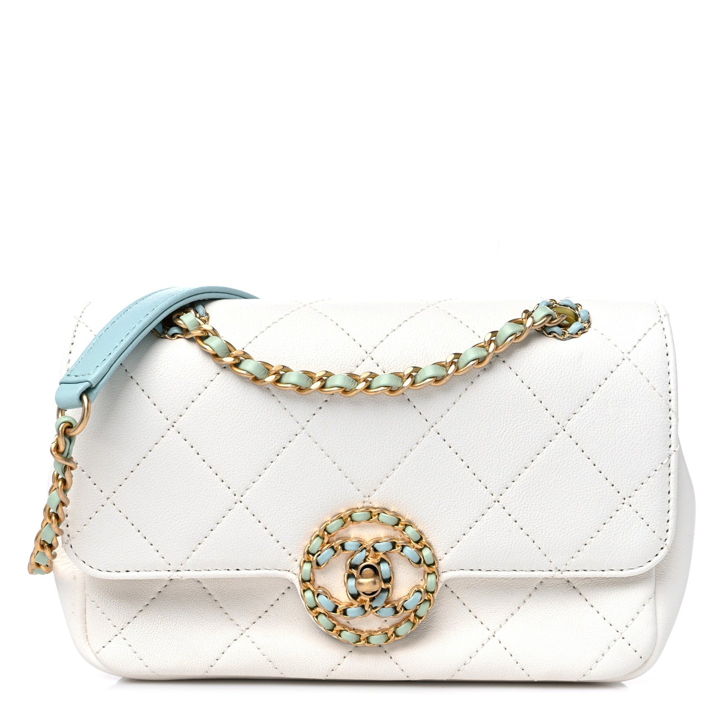 Lambskin Quilted All Around Flap White Green Multicolor