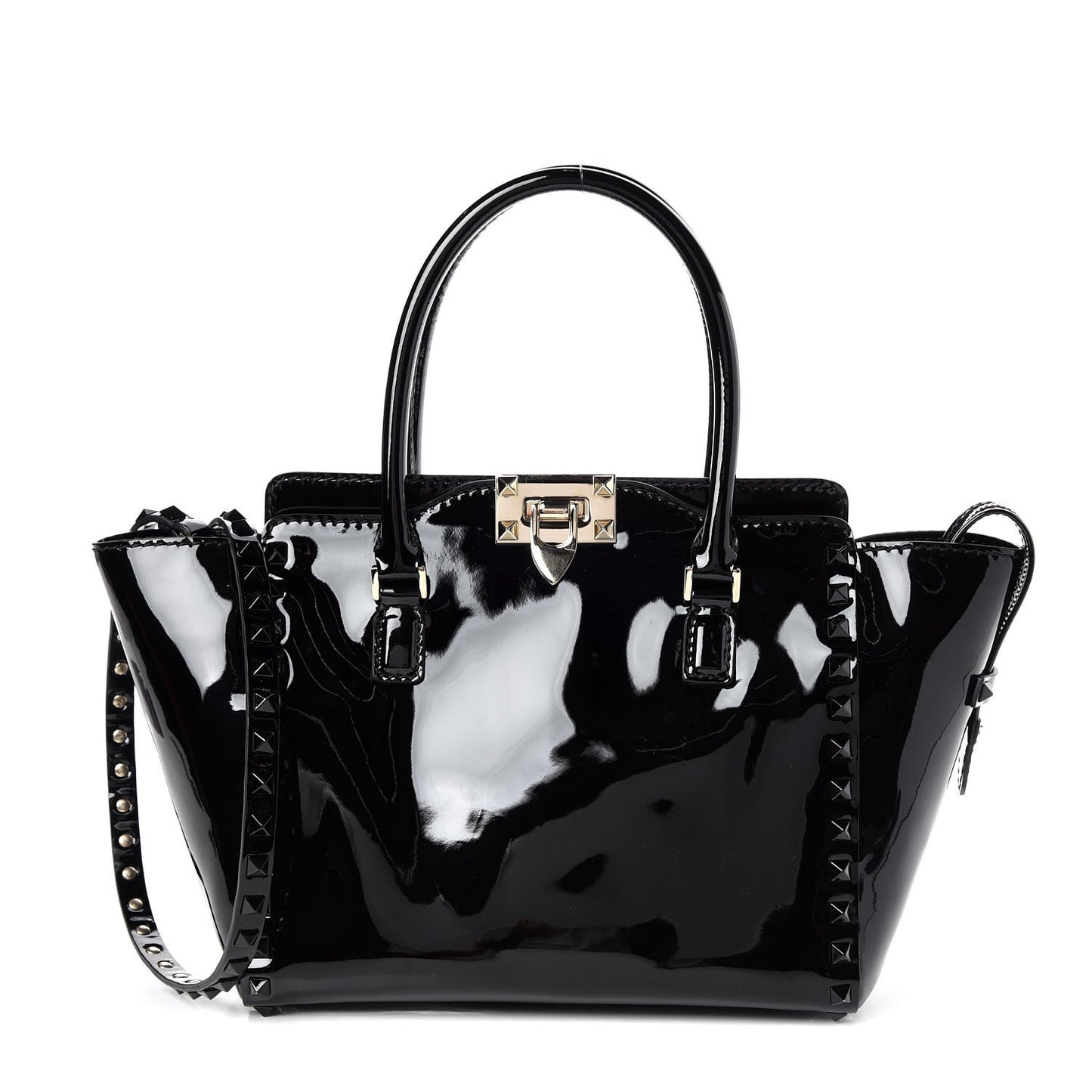 Patent Monochrome Small Rockstud Double Handle Tote Black