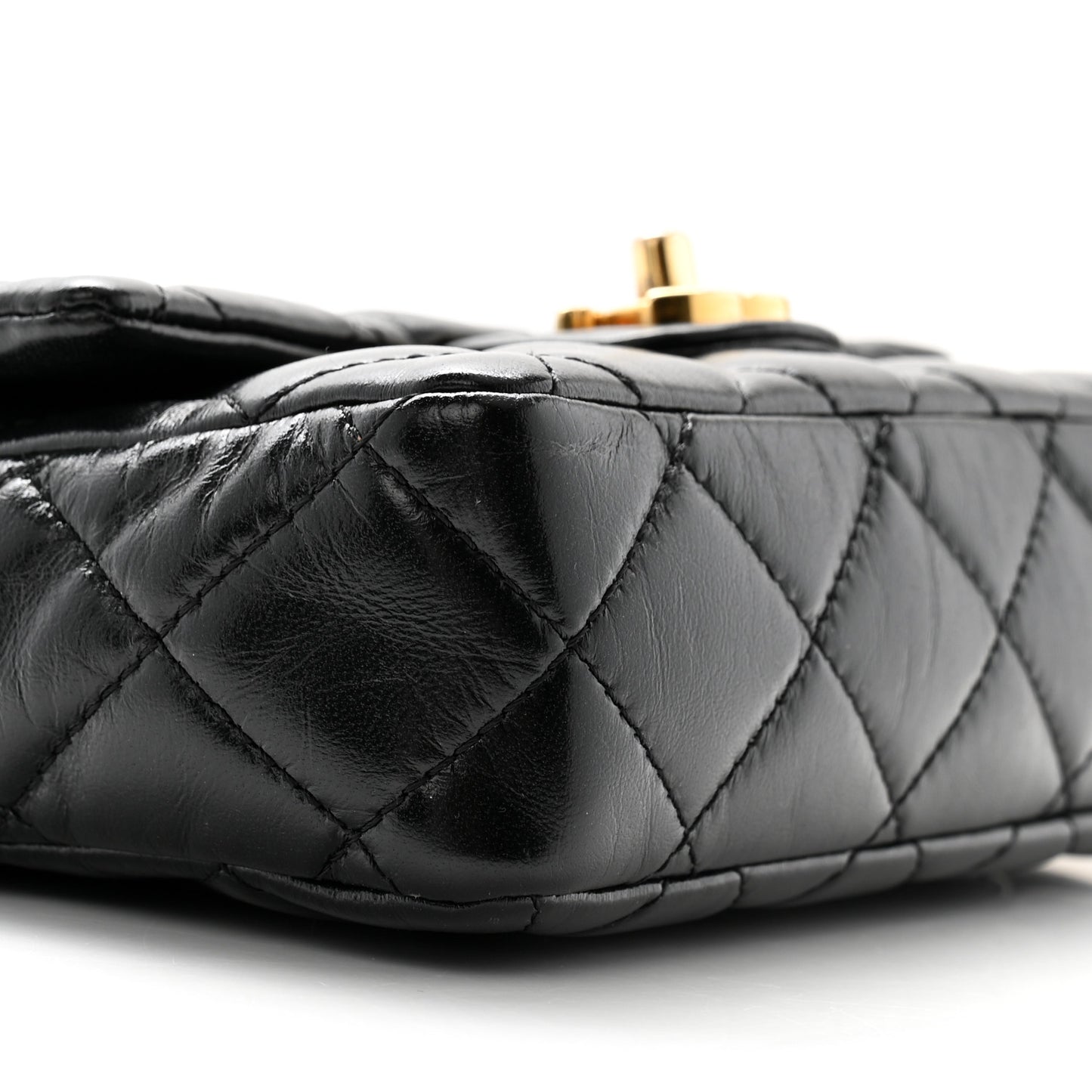 Shiny Lambskin Quilted Golden Links Top Handle Flap Black