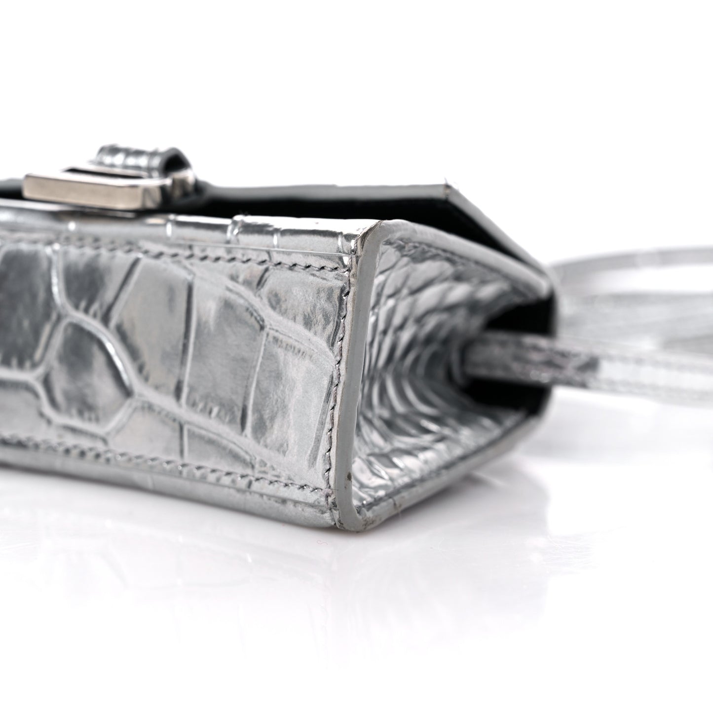 Metallic Calfskin Crocodile Embossed Hourglass Top Handle Bag Mini Silver