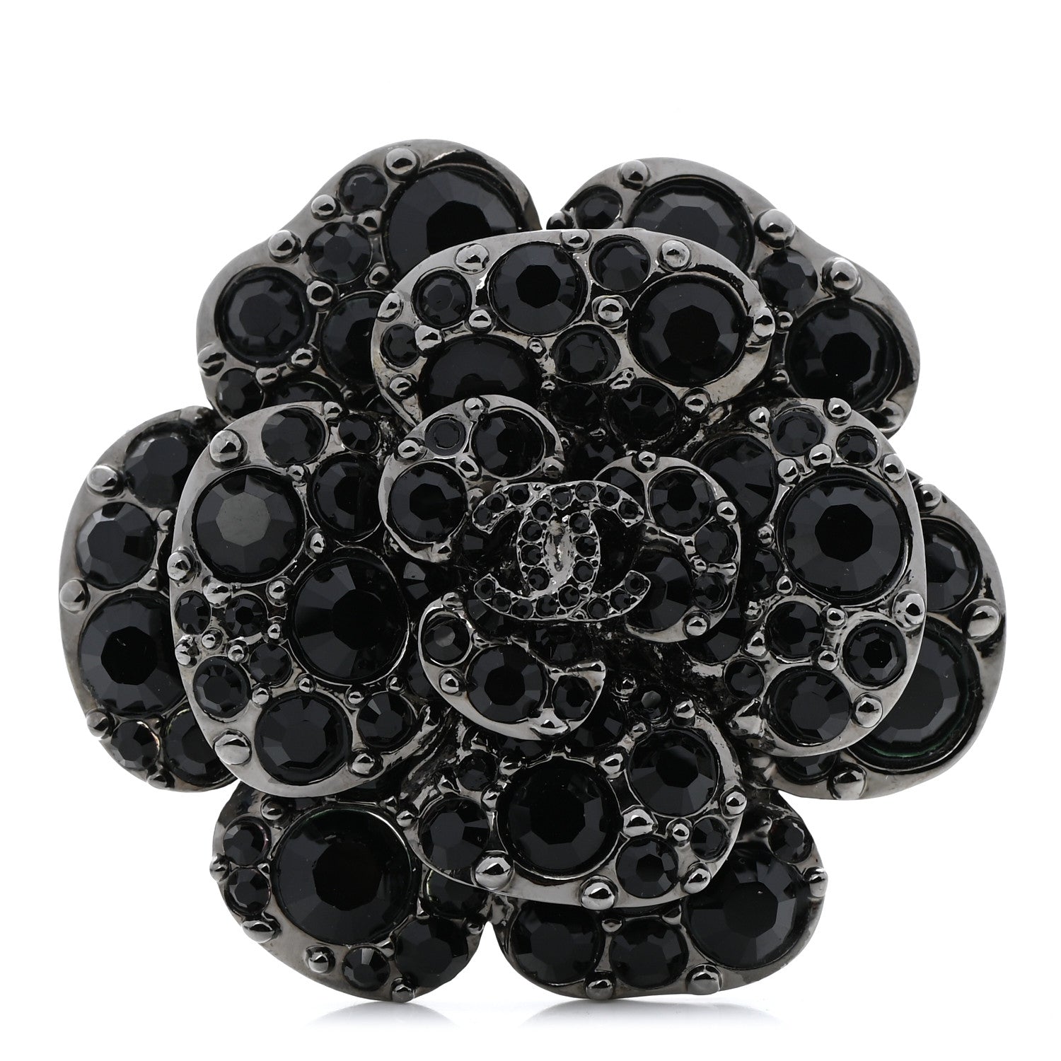 Chanel Swarovski Crystal Camellia CC Brooch Black Silver 1 of 5