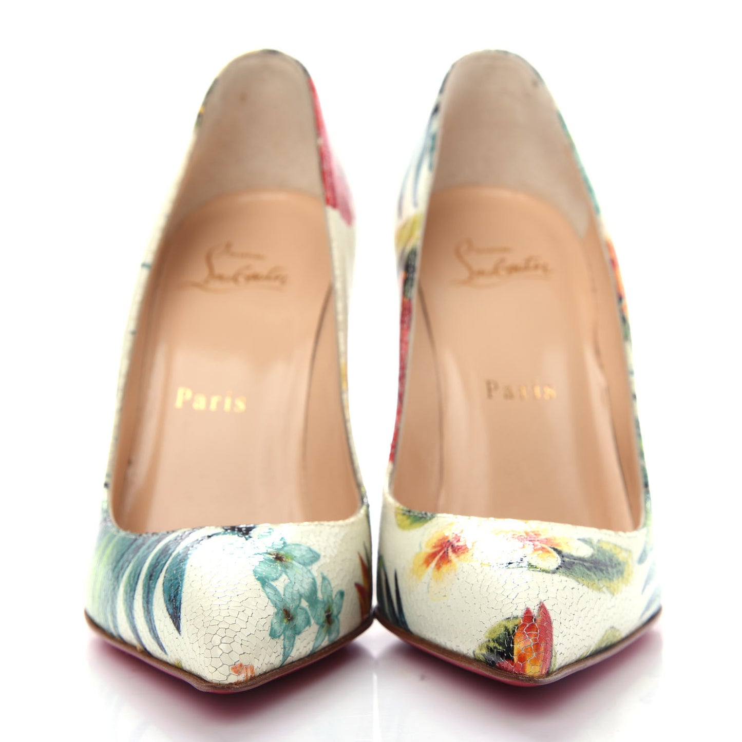 Crackled Calfskin Hawaiian Print Pigalle Follies 100 Pumps 36 White