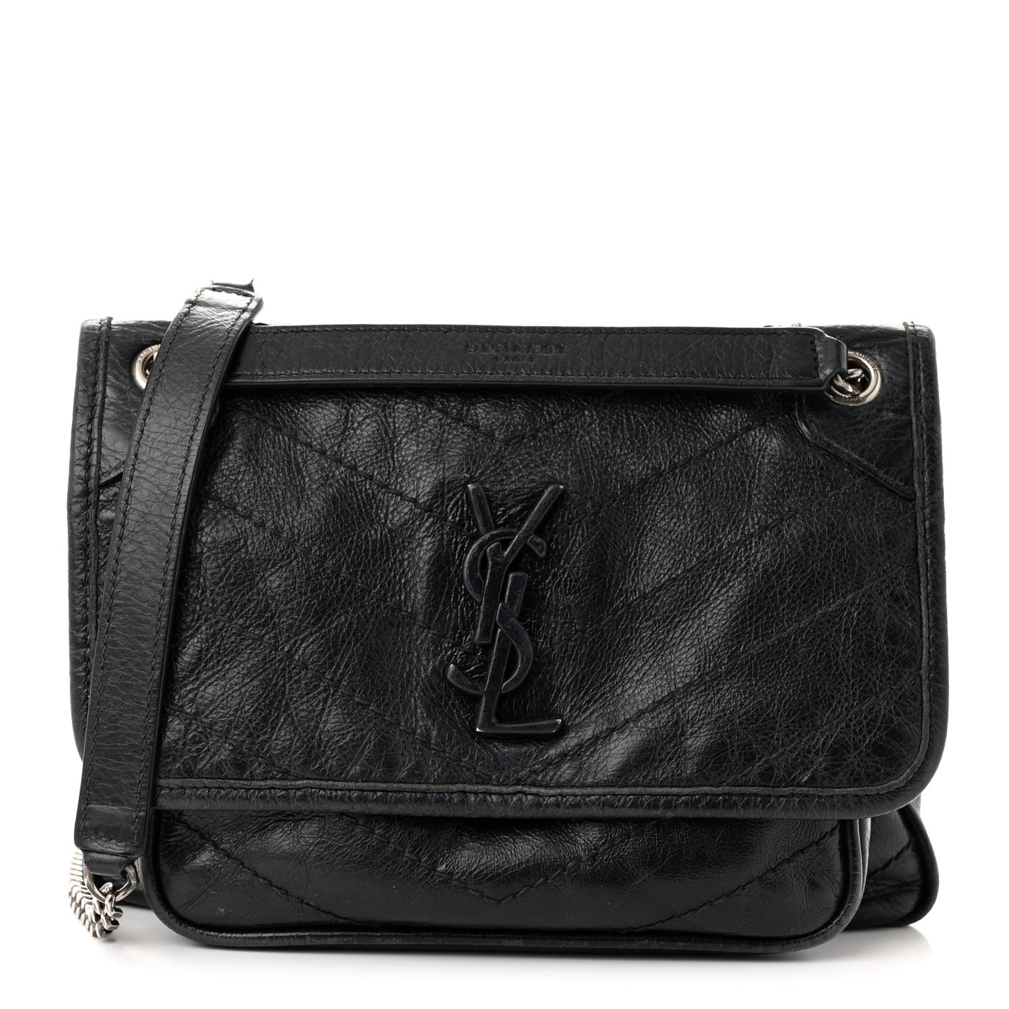 Crinkled Calfskin Matelasse Monogram Baby Niki Chain Satchel Black