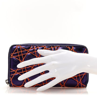 Christian Dior Metallic Lambskin Cannage Anselm Reyle Lady Dior Zip Wallet Purple Orange 2 of 10