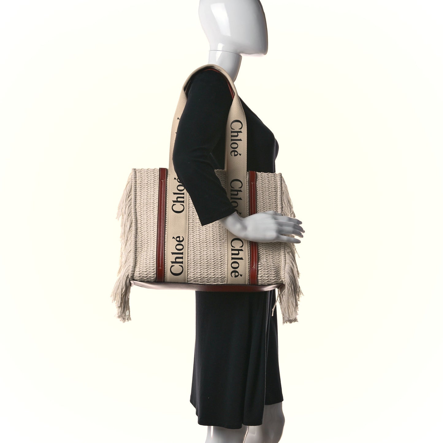 Cotton Calfskin Medium Woody Ribbon Fringe Tote Sepia Brown