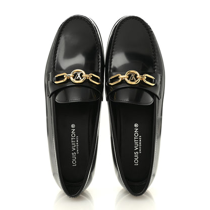 Louis Vuitton Glazed Calfskin Chess Flat Loafer 37.5 Black 2 of 10