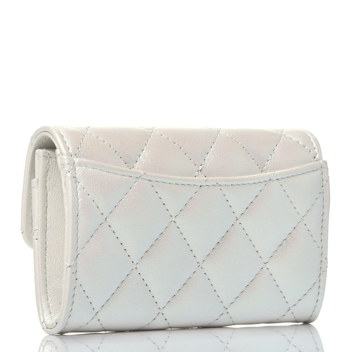 Iridescent Lambskin Quilted Flap Card Holder Wallet Ivory