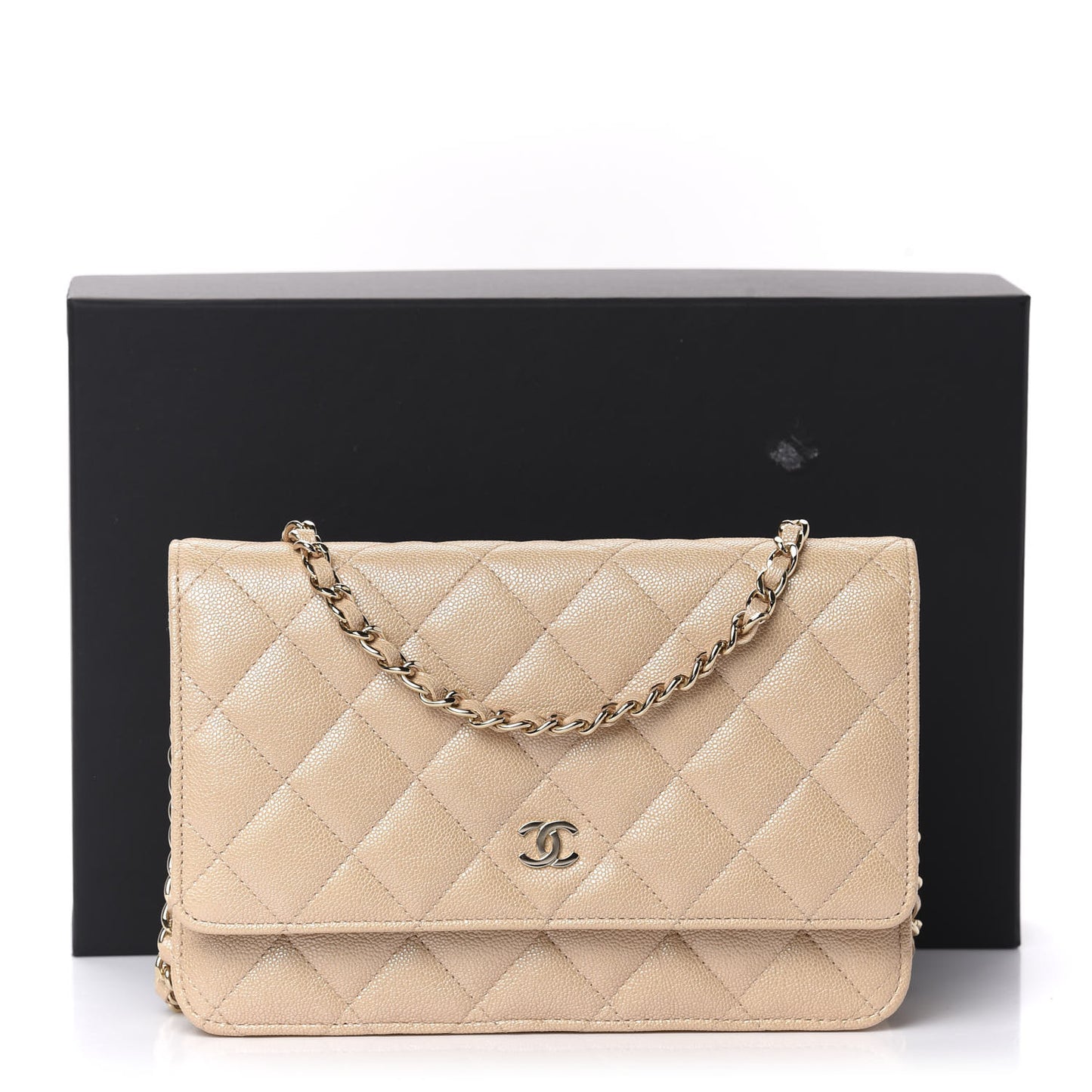 Iridescent Caviar Quilted Wallet On Chain WOC Beige