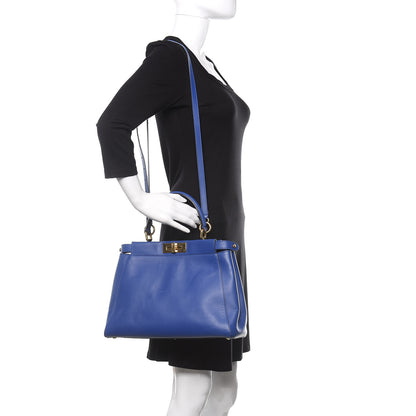 Fendi Vitello Morgan Fabric Jacquard Pequin Medium Peekaboo Iconic Satchel Blue Neon Tobacco 2 of 17