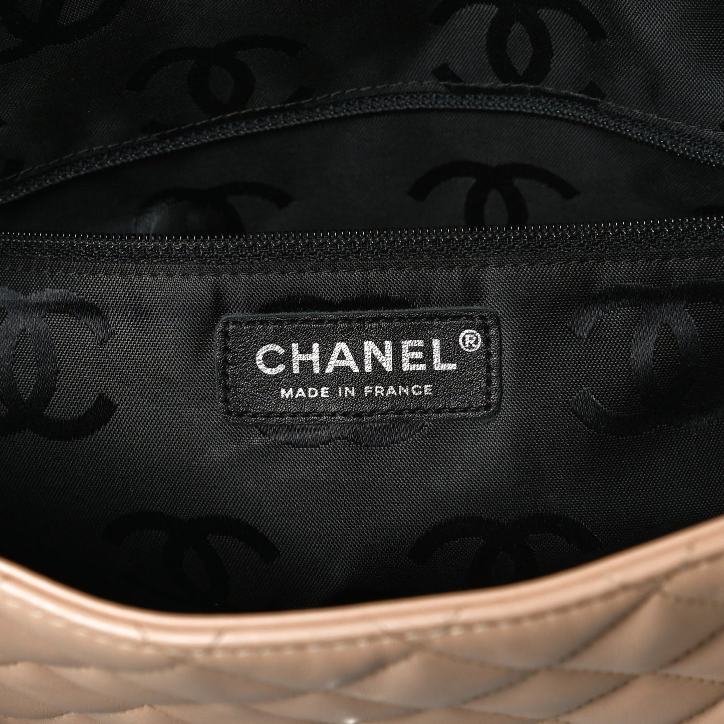 Calfskin Quilted Large Cambon Flap Beige Black