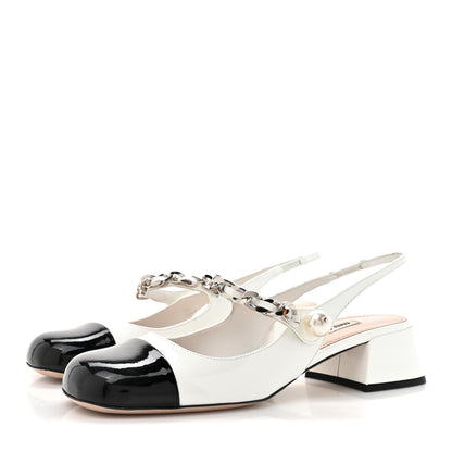 Miu Miu Patent Calfskin Chain Pearl Slingback Pumps 37.5 Ivory Black 4 of 9
