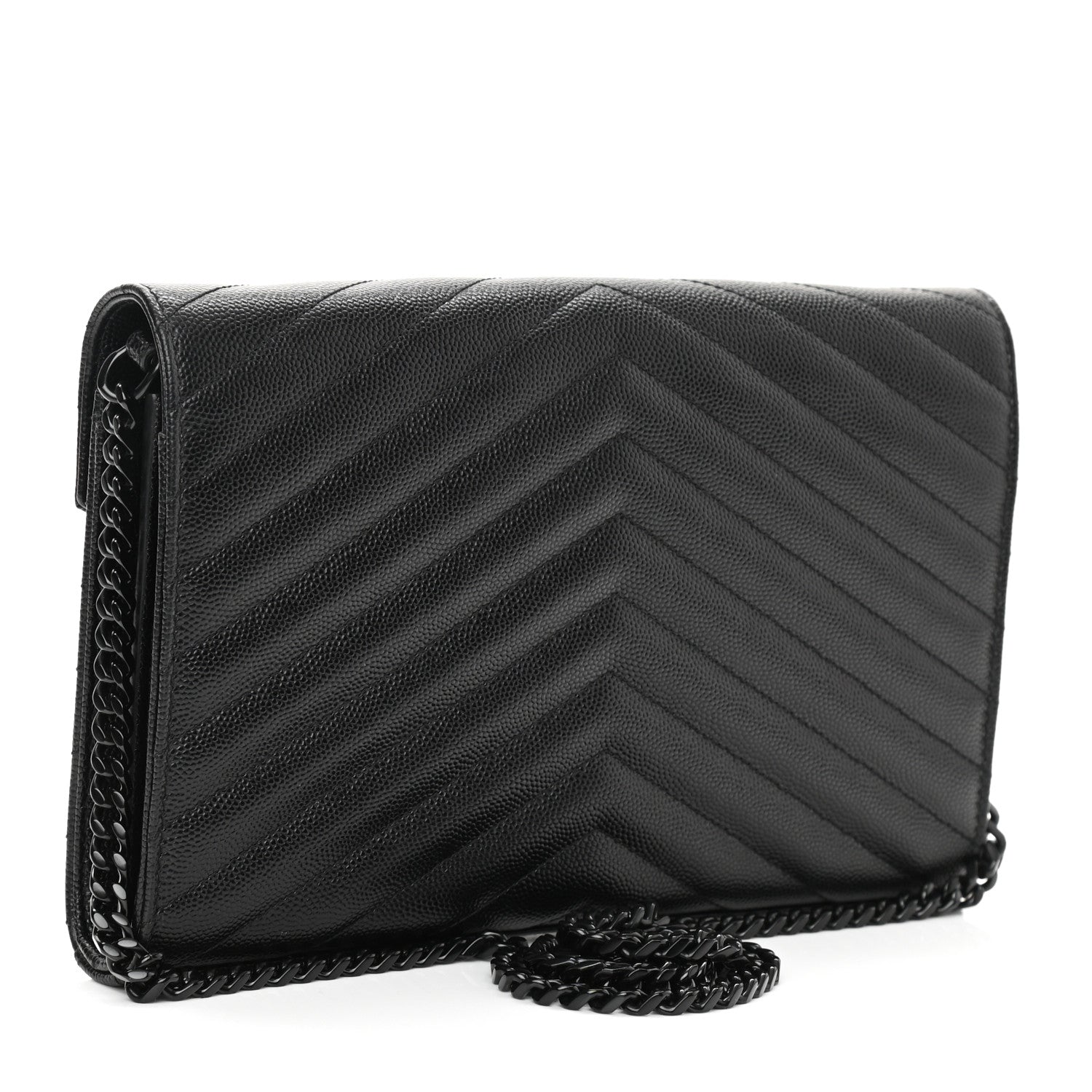 Saint Laurent Grain De Poudre Matelasse Chevron Monogram Chain Wallet Black 3 of 11