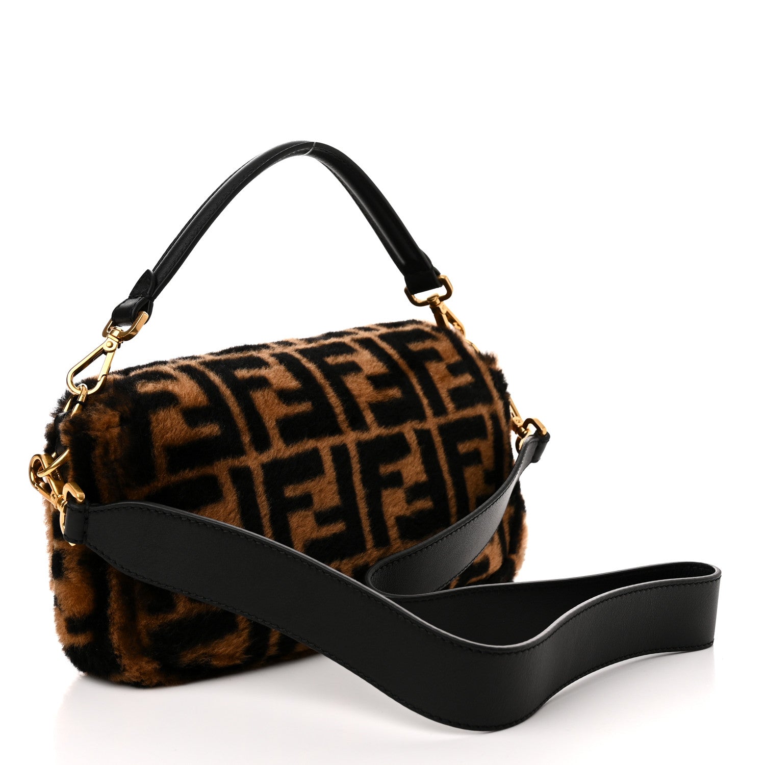 Fendi Shearling Vitello Dolce Macro FF 1974 Baguette Tobacco Black 3 of 11