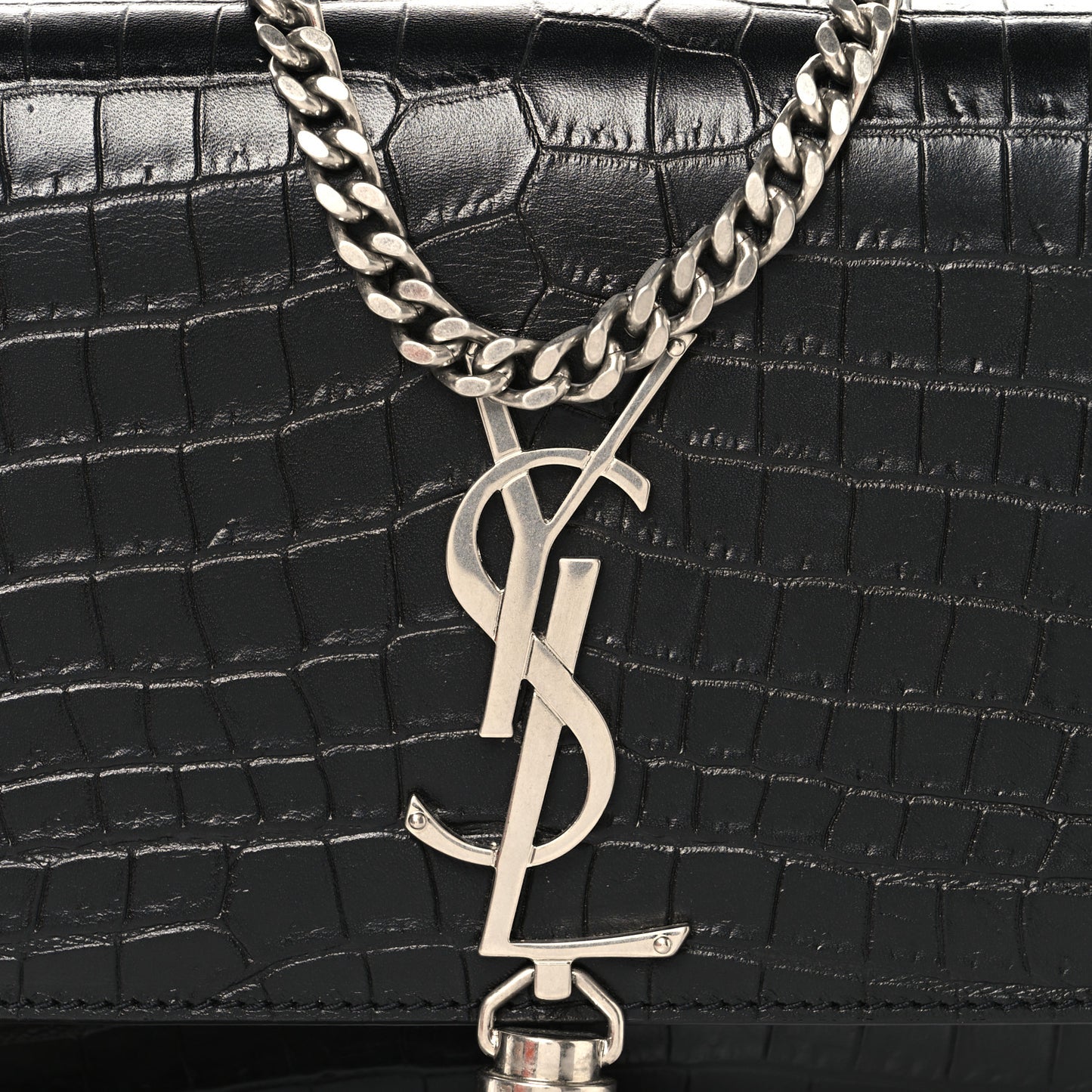 Calfskin Crocodile Embossed Small Classic Monogram Kate Tassel Satchel Black