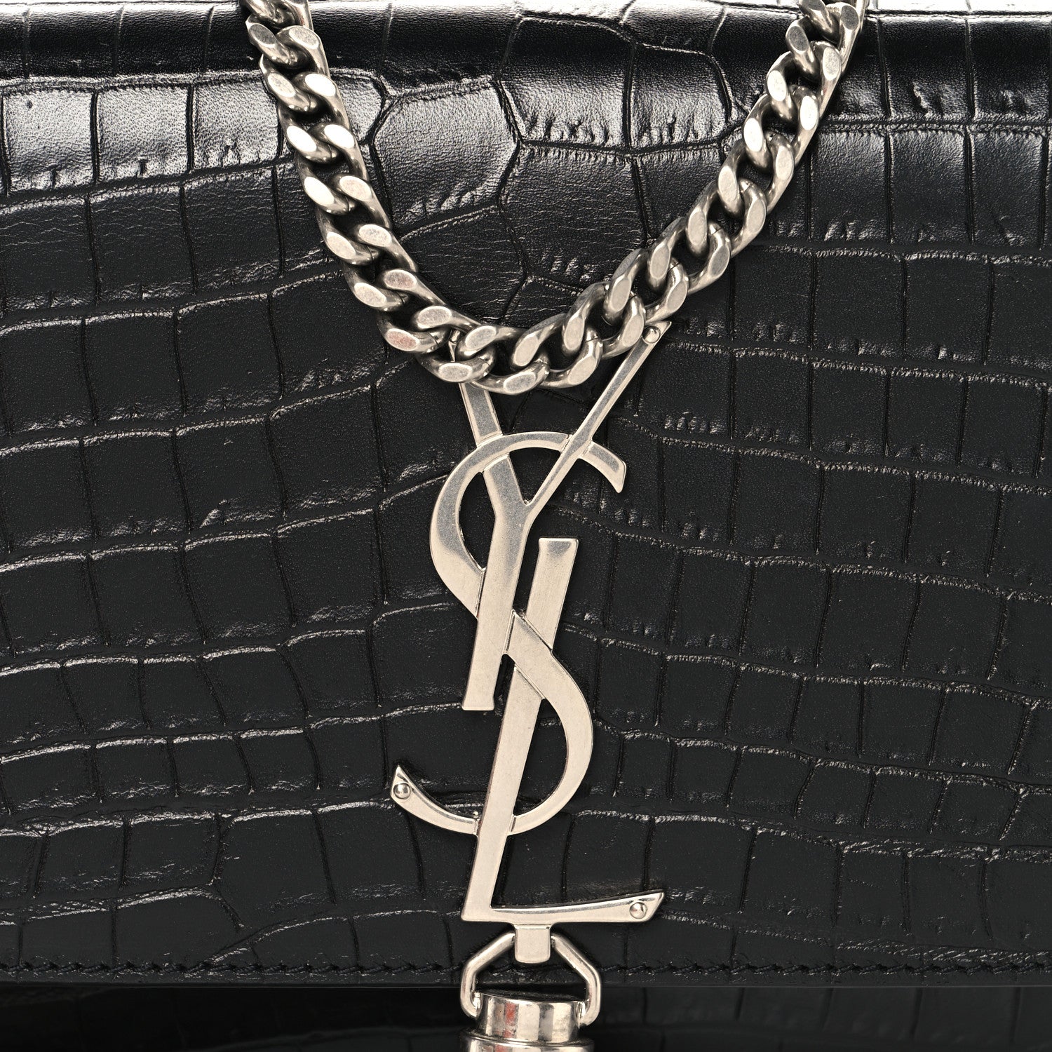 Saint Laurent Calfskin Crocodile Embossed Small Classic Monogram Kate Tassel Satchel Black 7 of 9