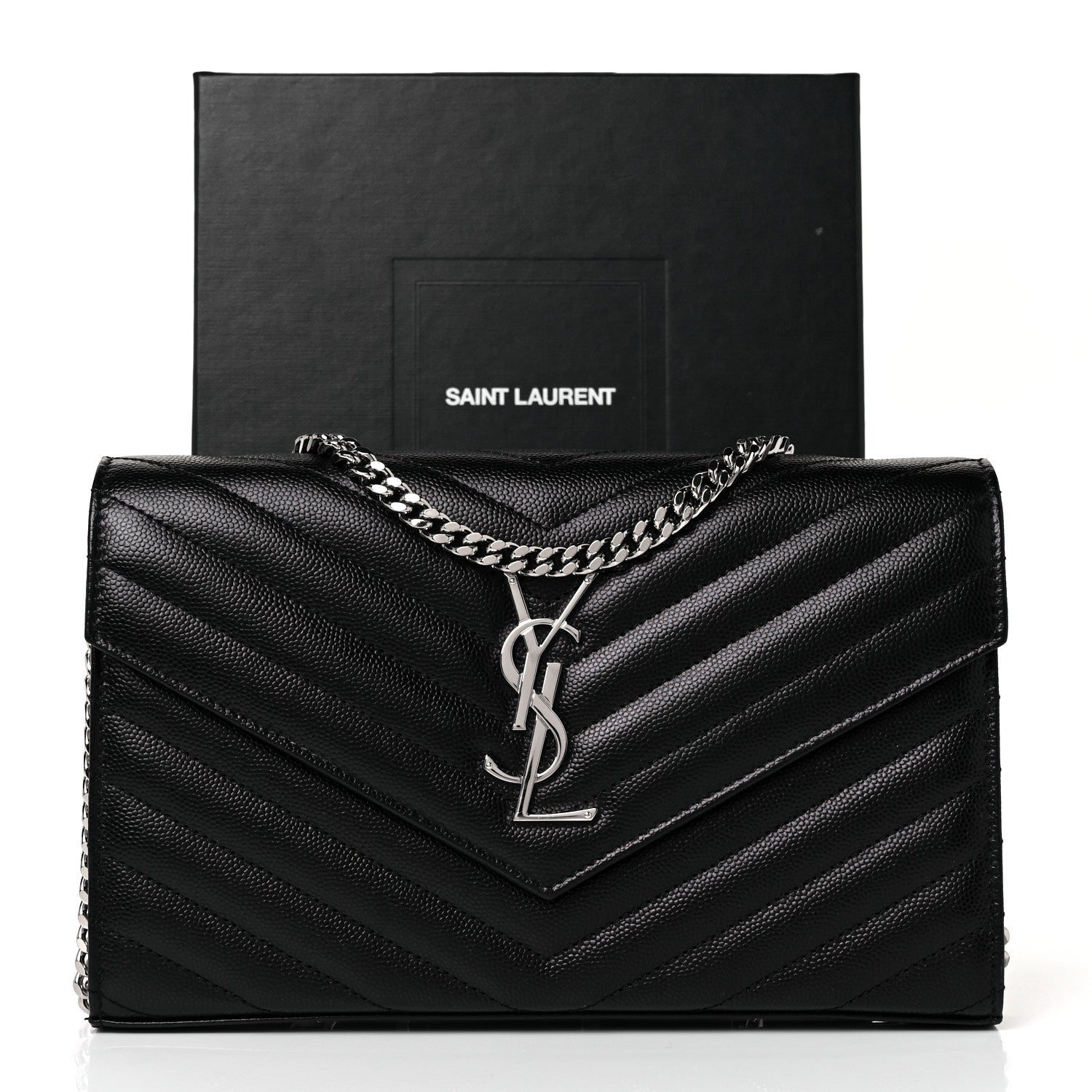 Saint Laurent Grain De Poudre Matelasse Chevron Monogram Chain Wallet Black 9 of 9