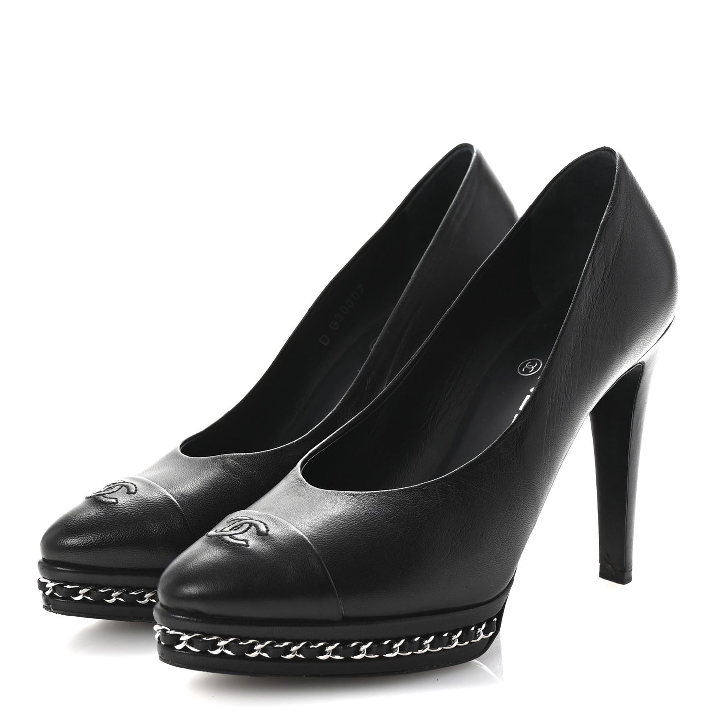 Lambskin CC Cap Toe Platform Chain Pumps 39 Black