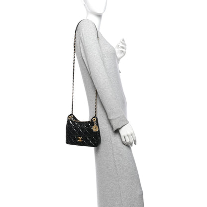Chanel Shiny Crumpled Calfskin Quilted Small Wavy CC Hobo Black 2 of 10