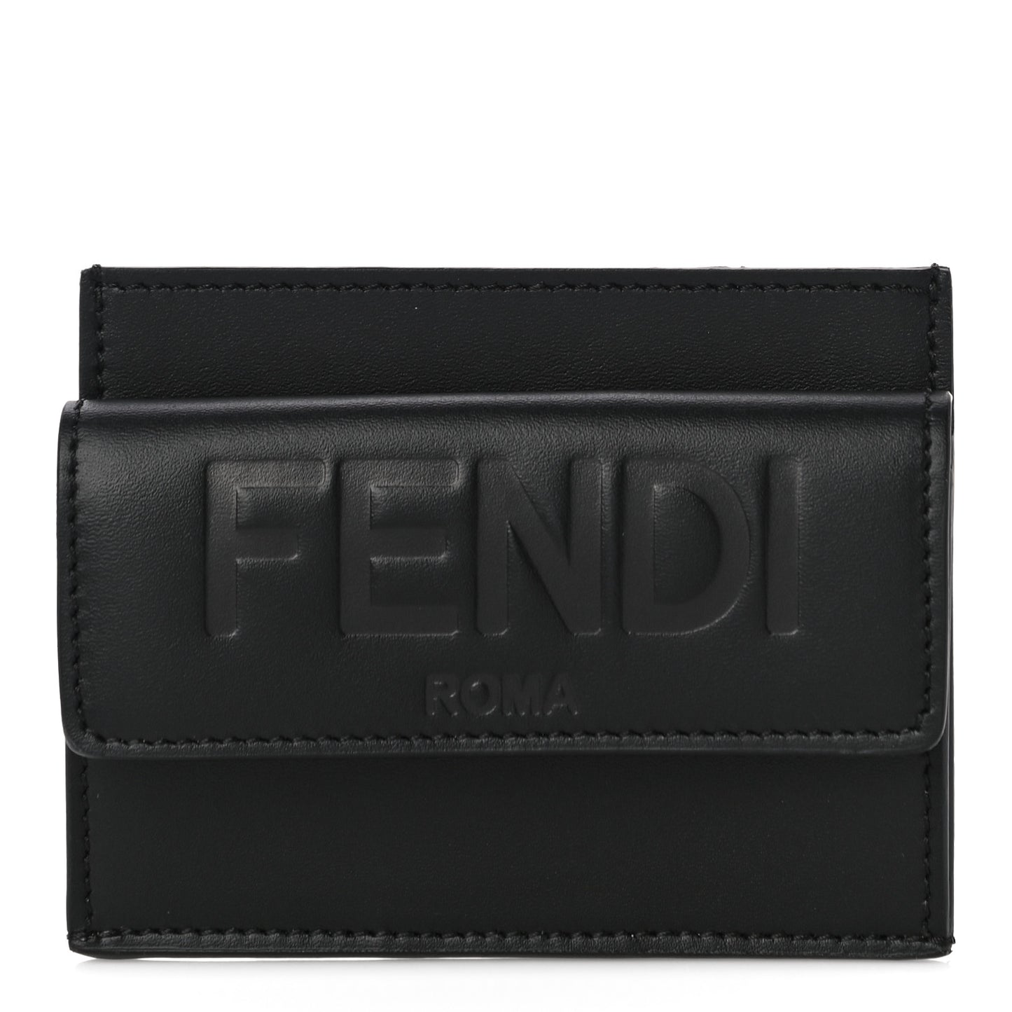 Vitello King Tamponato Logo Embossed Fold Over Card Holder Wallet Black