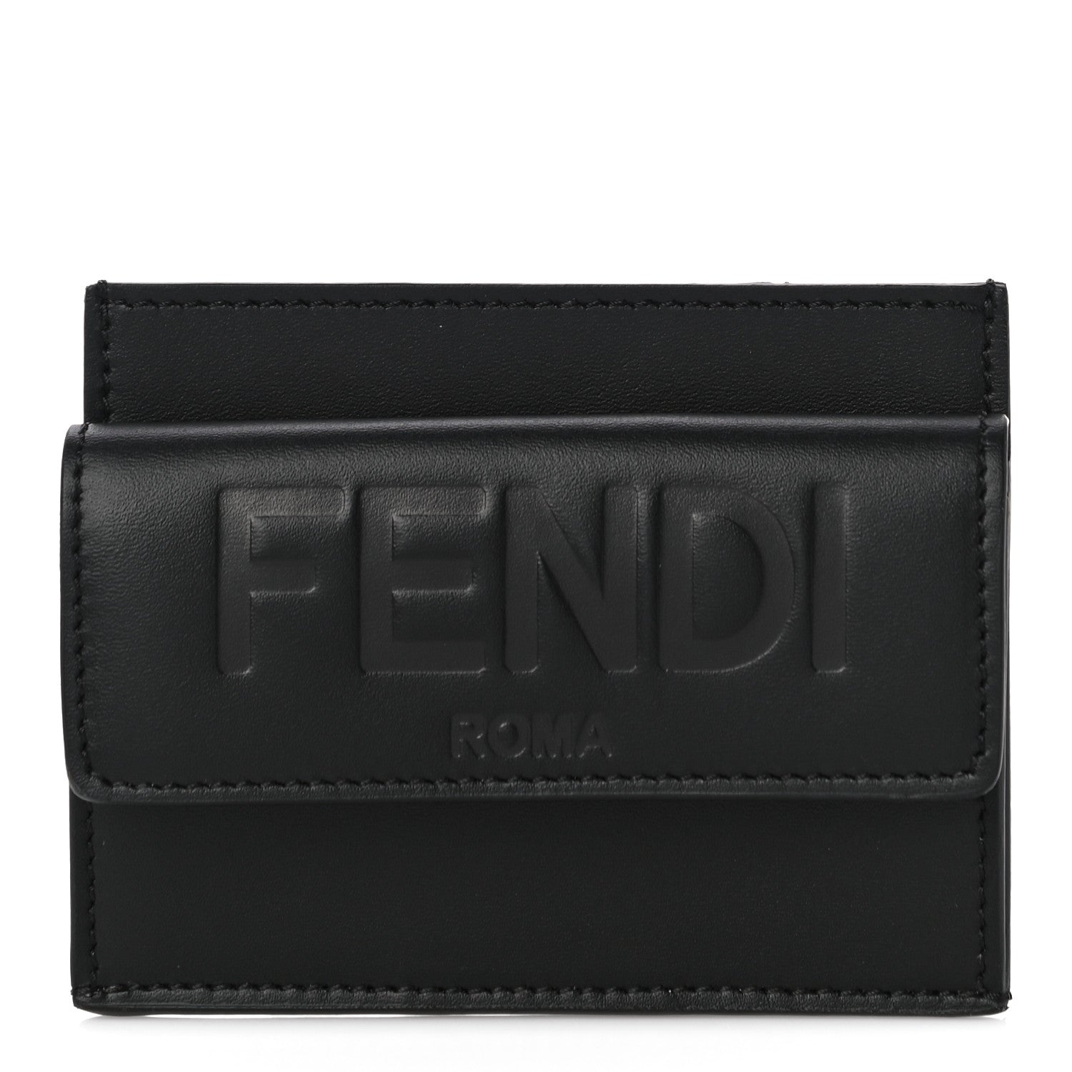 Fendi Vitello King Tamponato Logo Embossed Fold Over Card Holder Wallet Black 1 of 11