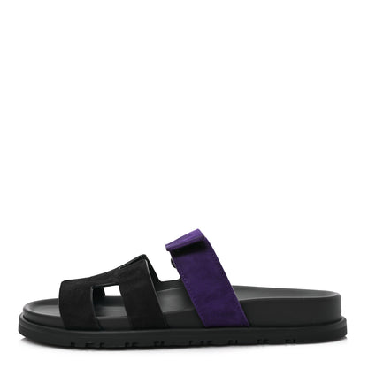 Hermes Suede Goatskin Womens Chypre Sandals 37.5 Marine Violet Majorette 1 of 7