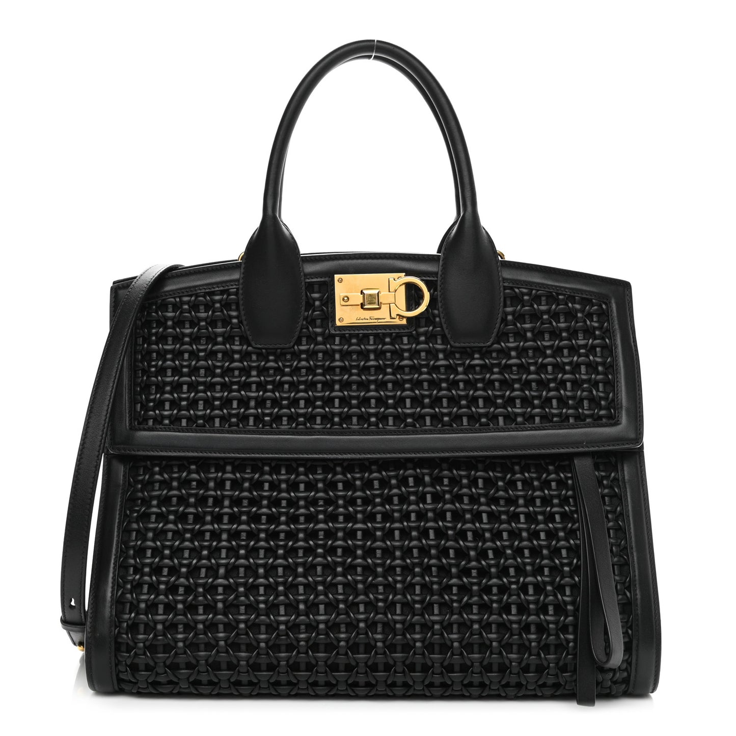 Woven Calfskin Medium Studio Top Handle Bag Black