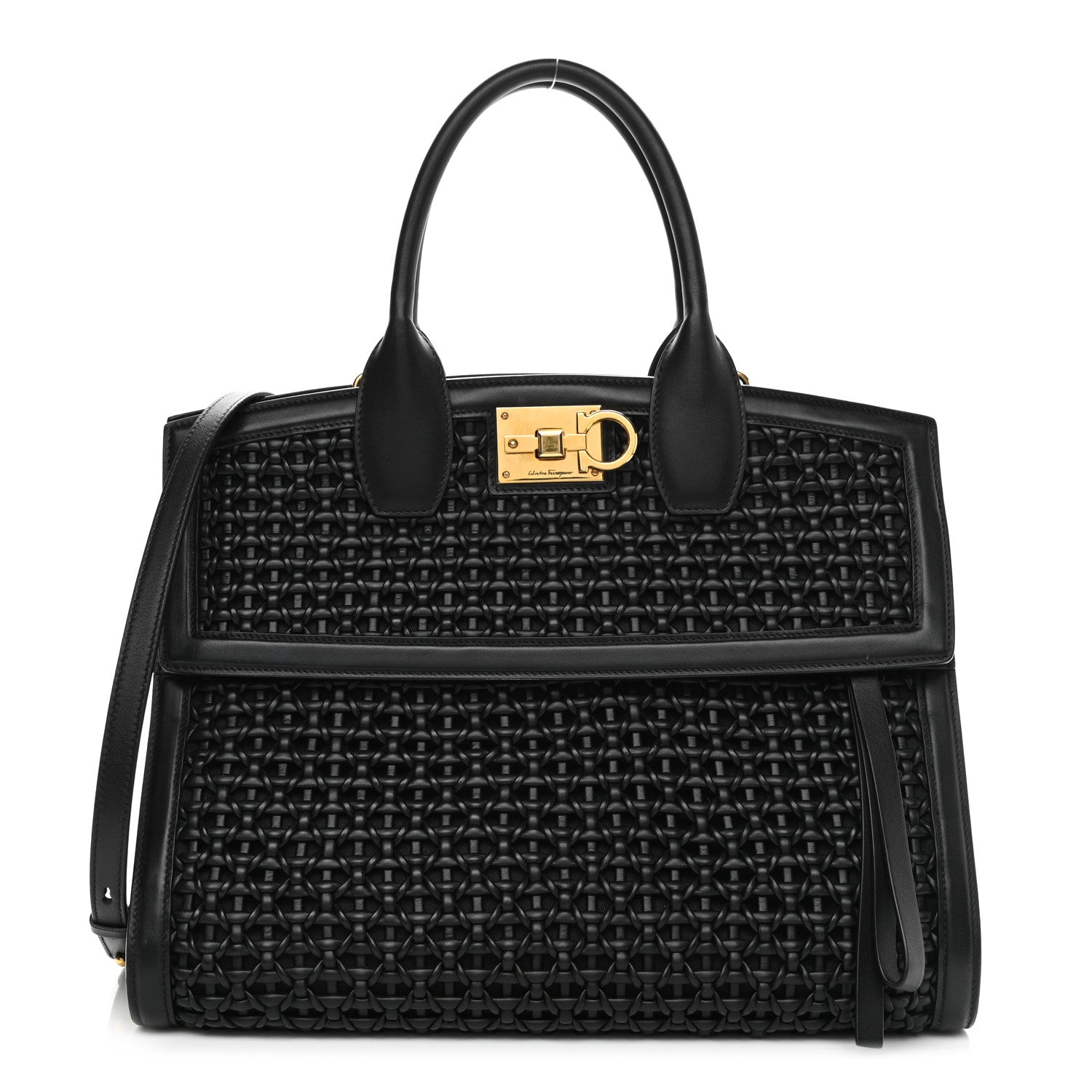 Salvatore Ferragamo Woven Calfskin Medium Studio Top Handle Bag Black 1 of 14