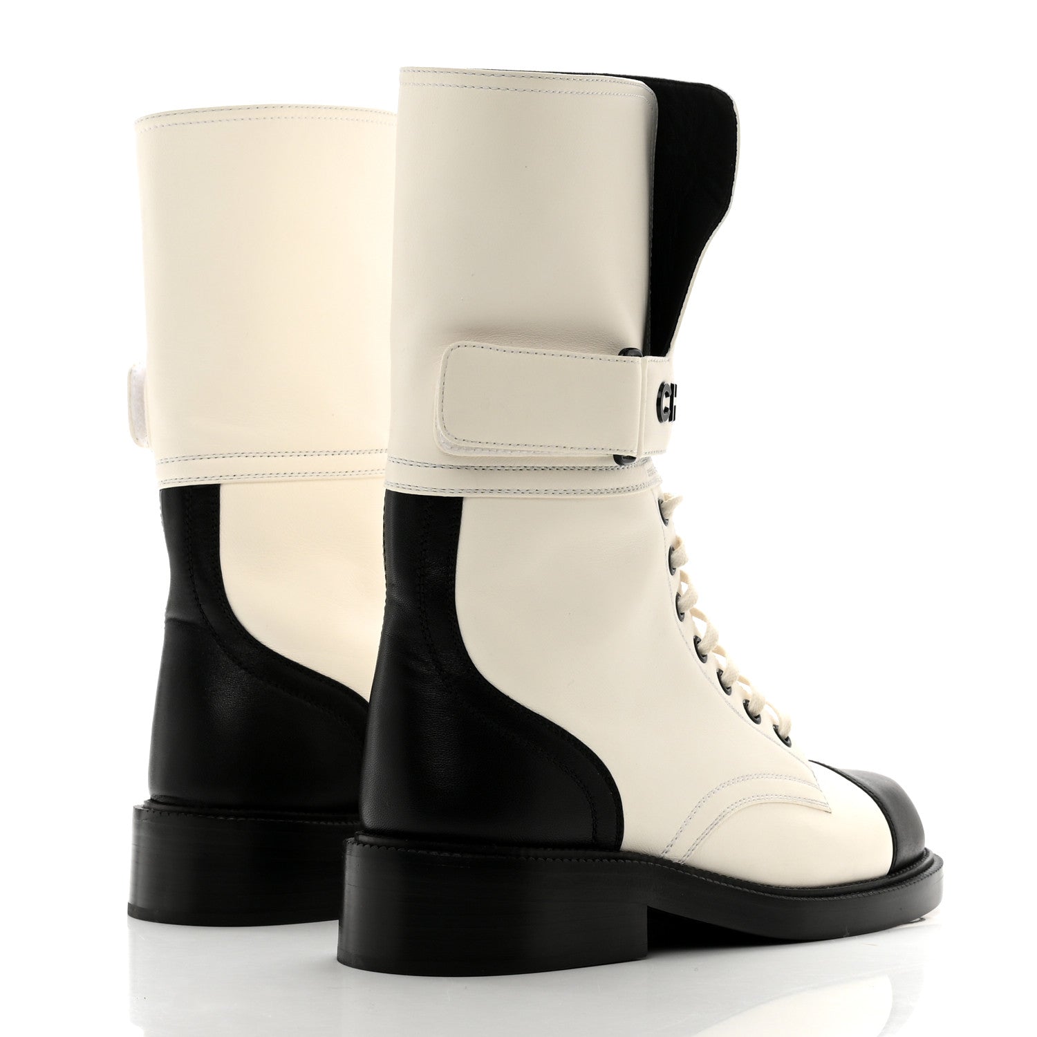 Chanel Calfskin Lace Up Logo Mid Calf Combat Boots 38 White Black 4 of 8
