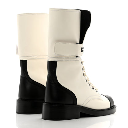 Chanel Calfskin Lace Up Logo Mid Calf Combat Boots 38 White Black 4 of 8