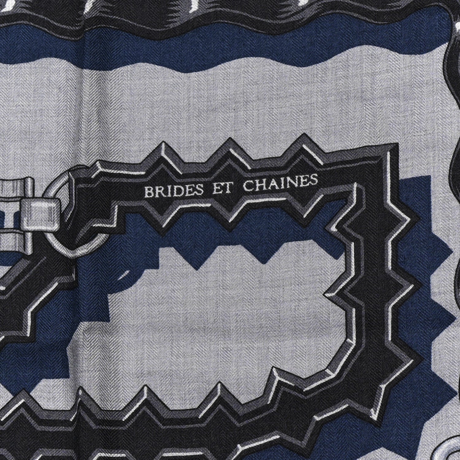 Hermes Cashmere Silk Brides Et Chaines Scarf 100 Gris Clair Gris Fonce Bleu Marine 5 of 6