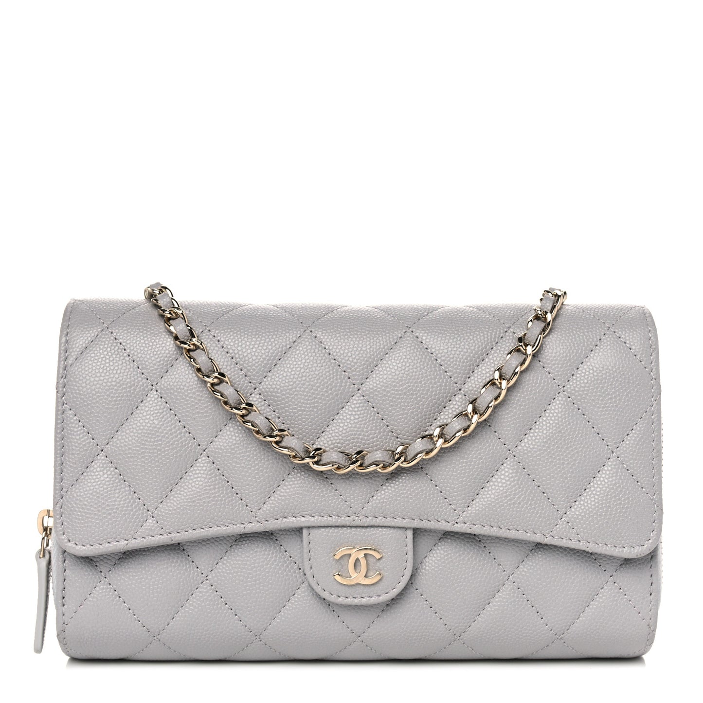 Caviar Quilted Phone Holder Wallet on Removable Chain Grey