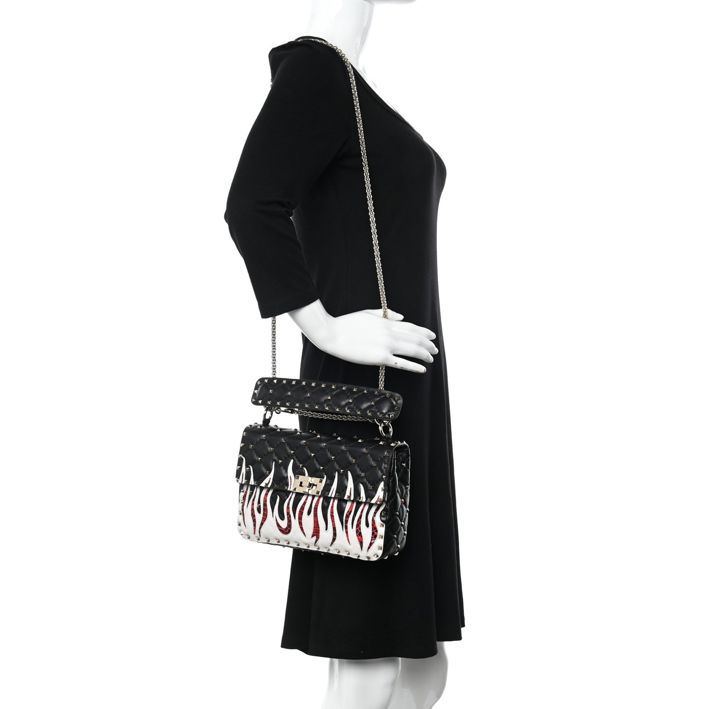 Lambskin Ayers Flames Medium Rockstud Spike Shoulder Bag Black