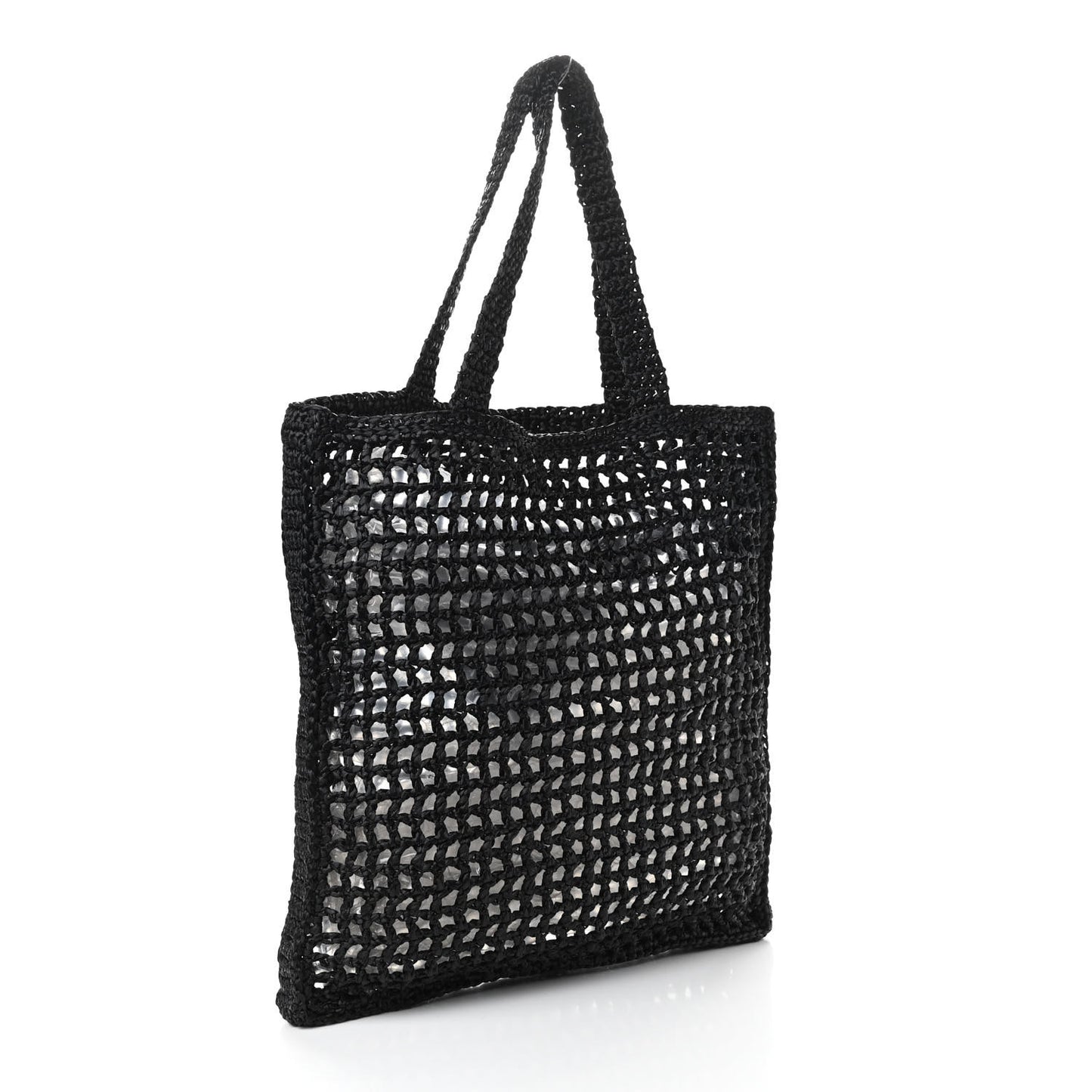 Yarn Raffia Effect Crochet Logo Embroidered Tote Bag Black