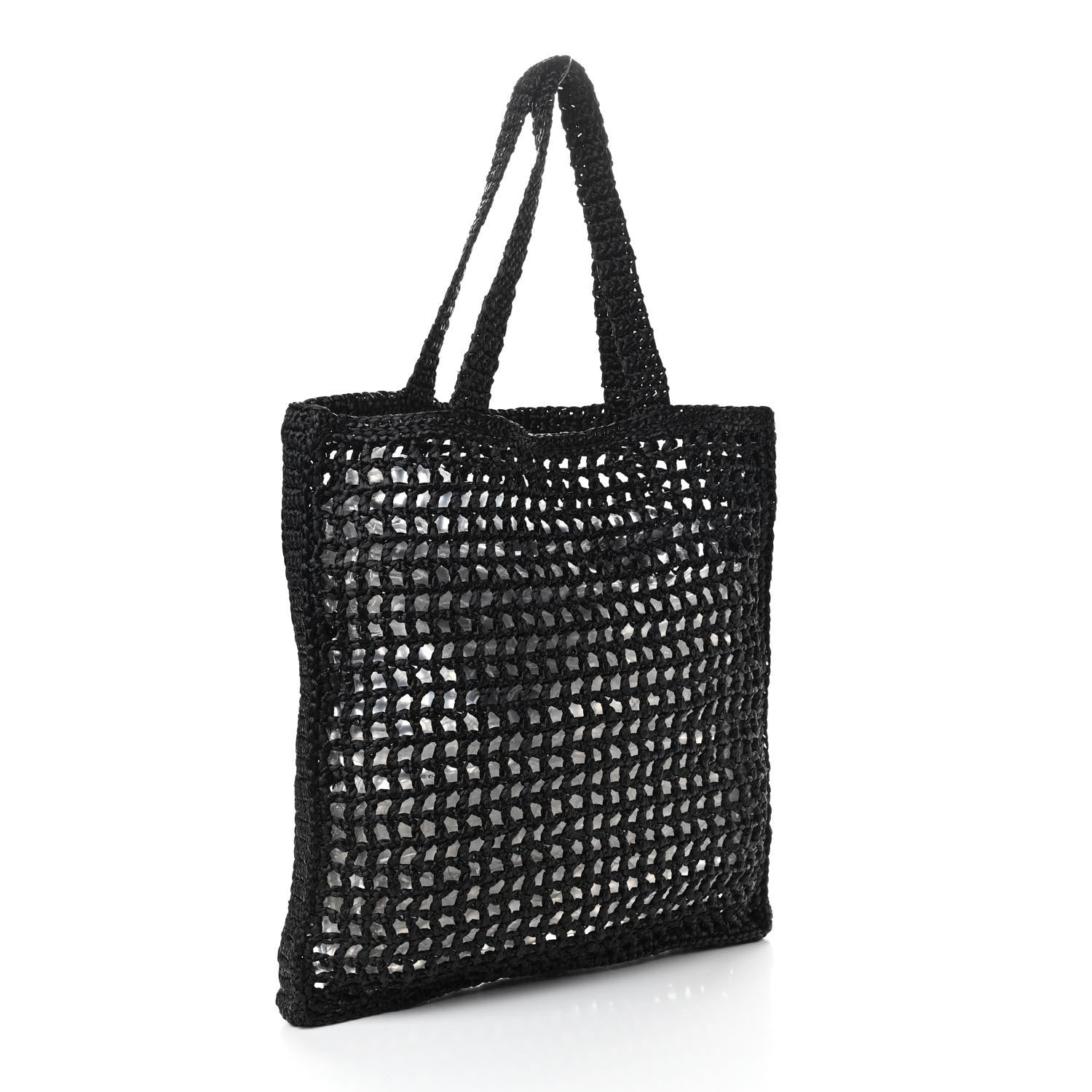 Prada Yarn Raffia Effect Crochet Logo Embroidered Tote Bag Black 3 of 10