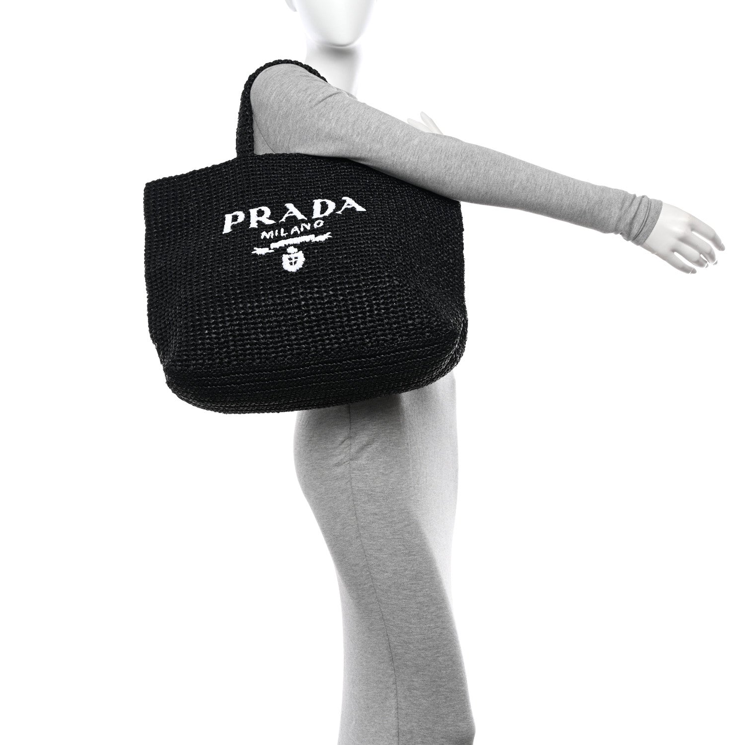 Prada Yarn Raffia Effect Crochet Large Logo Tote Black 2 of 10