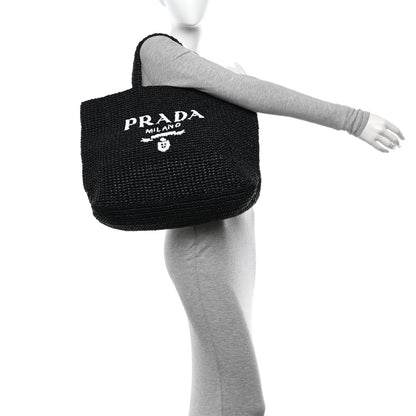 Prada Yarn Raffia Effect Crochet Large Logo Tote Black 2 of 10